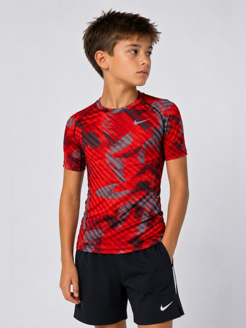 Nike Pro Dri-FIT Youth Compression Shirt Red Gray Camo Boys M Athletic